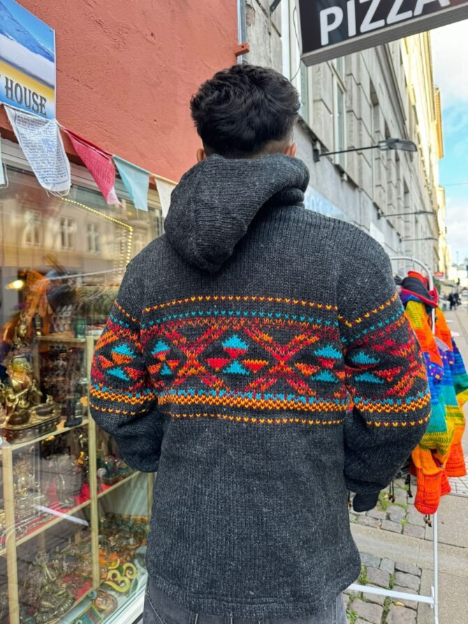 Handmade Woolen Jacket with Vibrant Tribal Pattern – Nepali Artisan Hoodie - Image 4